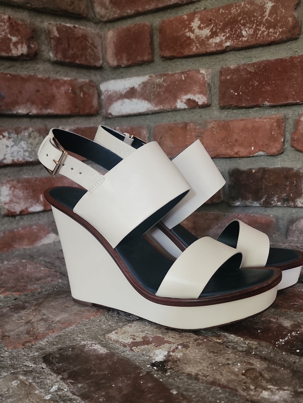 Tory Burch Cream Leather Platform Wedge Sandals Ankle Strap Gold Buckle - Picture 7 of 7